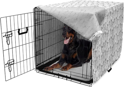 Lunarable Skull Dog Crate Cover, Cartoon Pattern of Monochrome Skeletons Halloween Themed Illustration Horror, Easy to Use Pet Kennel Cover for Medium Large Dogs, 42 Inch, White Black