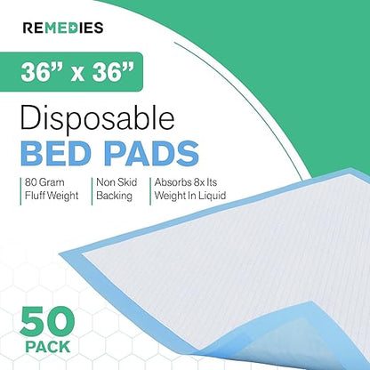 Remedies Extra Large Incontinence Bed Pads (36" x 36", 50 Count) - Super Absorbent Disposable Chux Underpads for Adults, Seniors, Kids, Puppies, Dogs & Furniture Protection