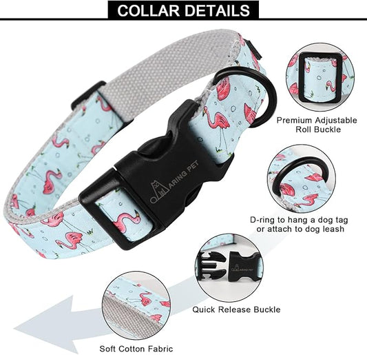 ARING PET Flamingo Dog Collar-Cute Summer Small Dog Collars, Adjustable Lightweight Cotton Pet Collars for Small Medium Large Boy and Girl Dogs, Large