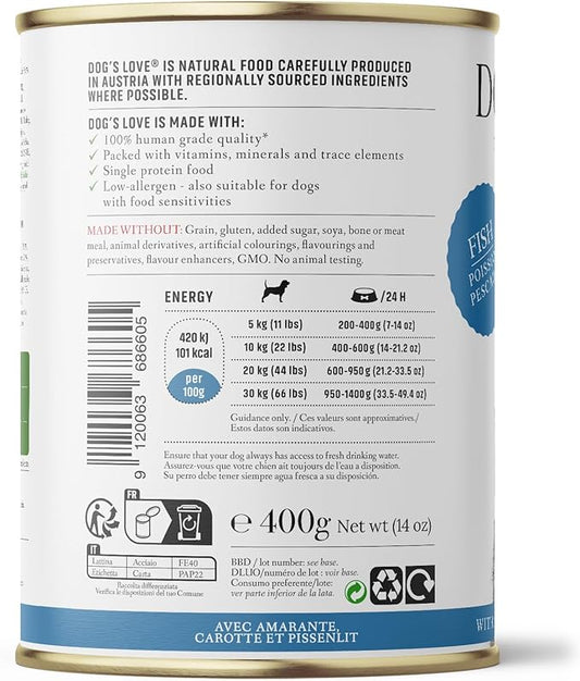 DOG'S LOVE Single Protein, Limited Ingredients, Ethically Sourced, Grain Free Wet Dog Food - Canned Soft Dog Food - Premium Can Dog Food | 6 cans-(14.1 Oz, Fish)