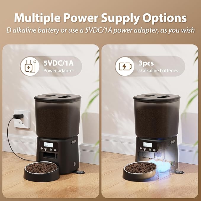 Automatic Cat Feeder, 4L Timed Dry Food Dispenser with Stainless Steel Bowl, Pet Food Feeder for Cats & Small Dogs, Programmable for 6 Meals & 30 Portions Per Day, 10S Voice Record, Dual Power, Black