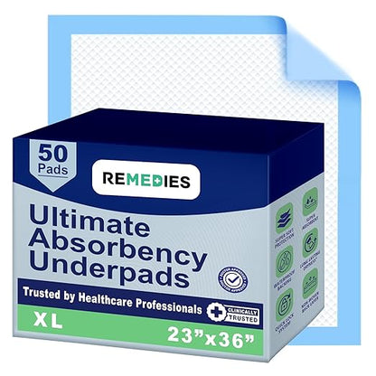 Remedies - Bed Pads Disposable Adults, Seniors, Kids & Puppy Pads - 23" x 36" - Large Disposable Underpads - 50 Count, Incontinence Underpads for Beds & Furniture, Dog Pee Pads, Dogs Chucks Pads