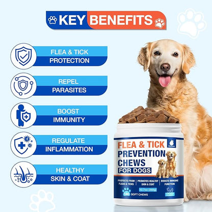 Flea and Tick Prevention for Dogs Chewables, Natural Dog Flea and Tick Treatment, Oral Flea Pills for Dogs Puppy, Skin & Coat Support Supplement - 180 Soft Treat (Chicken Flavor)