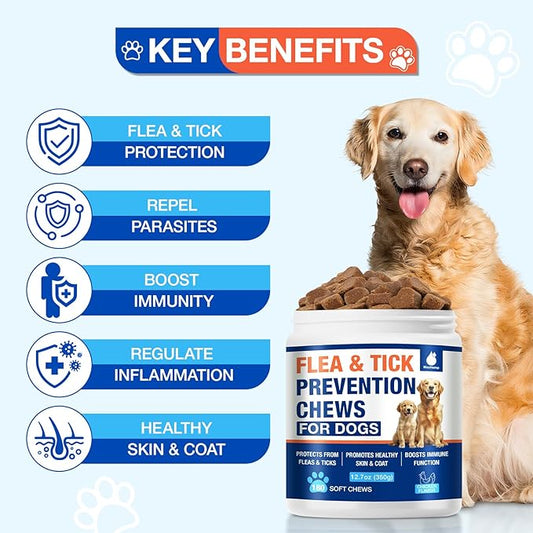 Flea and Tick Prevention for Dogs Chewables, Natural Dog Flea and Tick Treatment, Oral Flea Pills for Dogs Puppy, Skin & Coat Support Supplement - 180 Soft Treat (Chicken Flavor)