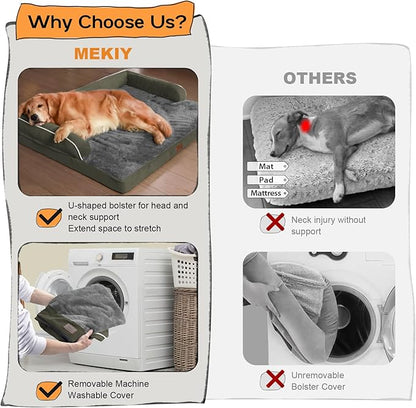 Large Dog Bed Orthopedic Washable - Removable Waterproof Cover Bed Pet - Large Big Dogs - Memory Foam - Couch Sofa with Removable Bolster - Dark Green Dog Bed