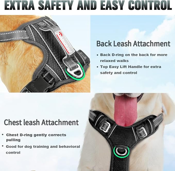 BARKBAY No Pull Dog Harness Large Reflective Dog Harness with Front Clip and Easy Control Handle for Walking Training Running with ID tag Pocket(Black,L)