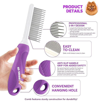 Detangling Pet Comb for Dogs & Cats with Long & Short Stainless Steel Metal Teeth for Removes Tangles and Knots - Detangler Grooming Tool for Dematting Matted Fur.