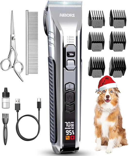 Dog Clippers for Grooming, AIBORS 2500mAH Dog Shavers Kit for Grooming, Low Noise, Rechargeable Cordless Hair Clippers for Dogs Cats Pets, USB C Charging, Quite Dog Hair Trimmer with Ceramic Blade