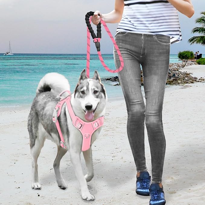 BARKBAY No Pull Dog Harness Large Reflective Dog Harness with Front Clip and Easy Control Handle for Walking Training Running with ID tag Pocket(Baby Pink,M)