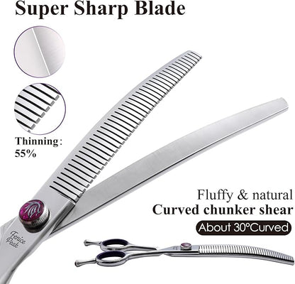 Fenice Peak 7.5'' Fluffy Dog Grooming Scissors Professional 440C Curved Thinning Shears 55% Thinning Rate and 30°Curved Sharp and Durable with Decorative Screws & Tails