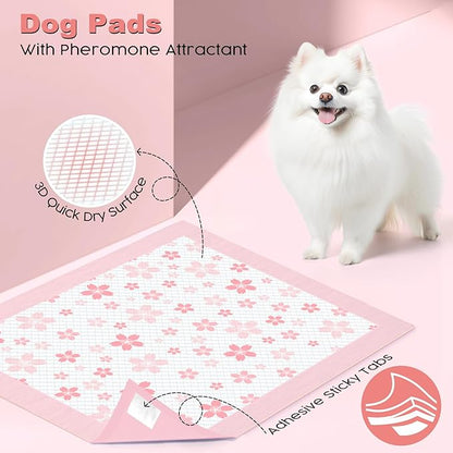 MIZOK Puppy Pads 22"x 22" with Leak-Proof Quick-Dry Design Pee Pads for Dogs Potty Training, 6-Layer Standard Absorbency Dog Pee Pads Regular Size, Pink Cherry Blossom Pattern (100 Counts)