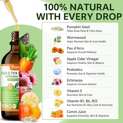Natural Flea and Tick Prevention for Dogs, 60ML Herbal Formula with Multivitamins, Pumpkin Seed, Flea and Tick Treatment Supplement Drops for Dogs & Puppies - Supports Immunity, Skin & Coat Support