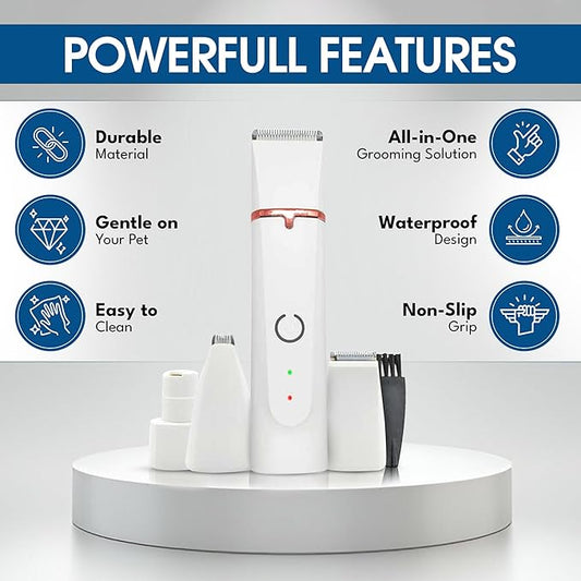 4-in-1 Dog Grooming Kit Hair Clippers - Electric Low Noise Paw Trimmer - USB Rechargeable - Cordless Quiet Nail Grinder Trimmer for Cats and Dogs