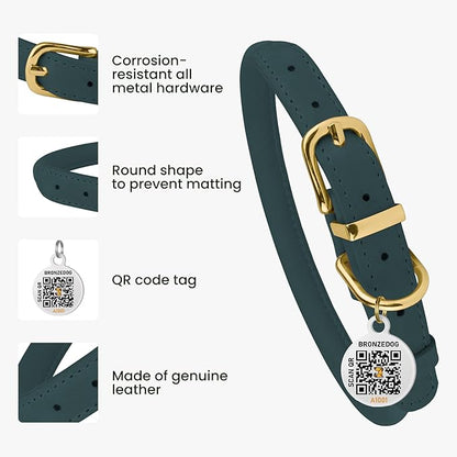 BRONZEDOG Rolled Leather Dog Collar with QR ID Tag Adjustable Soft Round Collars for Small Medium Large Dogs Puppy Cat (16" - 19" Neck Size, Denim)
