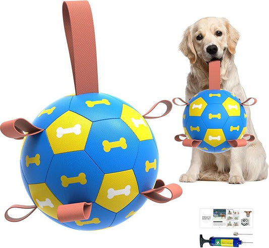 Amasiver Dog Soccer Ball Toys with Straps - 8 inch Large Herding Ball, Interactive Toys for Tug of War, Birthday Gifts,Water Toy, World Cup Sturdy Balls for Medium Large