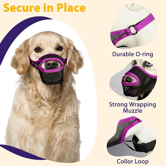 LUCKYPAW Dog Muzzle, Mesh Muzzle for Large Medium Small Dogs with Front Opening Design, Dog Mouth Cover to Prevent Biting, Licking, Chewing, Scavenging, Allows Drinking (XL-Snout:11-12¼", Purple)