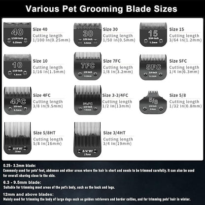 6 Packs Detachable Dog Grooming Steel Blades with Blade case Holder,Compatible with Andis,Oster A5,Wahl KM-10 Series,Cutting Length 1/100" to 1/2"(10+40+7FC+5FC+4FC+3-3/4FC-black)