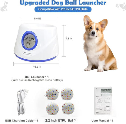 Automatic Dog Ball Launcher, Upgraded Interactive Dogs Balls Thrower for Small Dogs, Distance Adjustable Mental Stimulating Dog Toys with 4 Durable Etpu Balls 2.2 Inch (Blue)