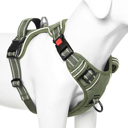 Timos Dog Harness Medium Sized, No Pull Pet Harness with Neck Lockable Snap,No Choke Front Clip Dog Reflective Vest,Adjustable Metal Rings 3 Buckles,Easy Control Handle for Medium Dogs Green M