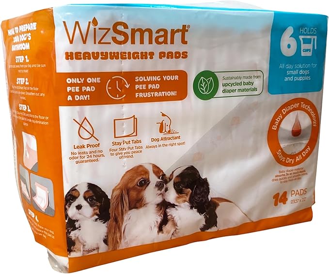 WizSmart Heavyweight Dog Pads – Absorbent, Leak-Proof Pet Training Pads with Stay Put Tabs – Indoor & Outdoor Use for Small Dogs, Crates, Travel – Eco Friendly Upcycled Materials, 14 Count