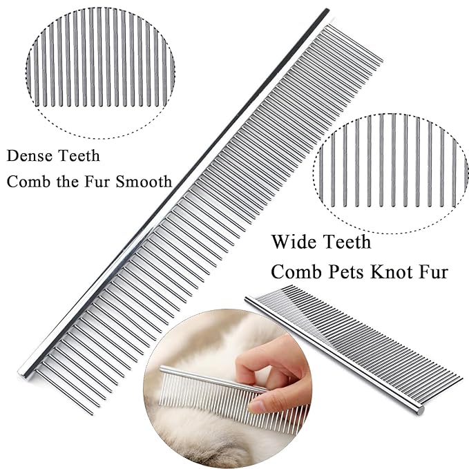 Dog Comb, Metal Dog Grooming Combs with Rounded Ends Stainless Steel Teeth for Grooming Matting Cats Dogs Comb Brush Tool for Long Haired Pets Gently Remove Tangles and Knots