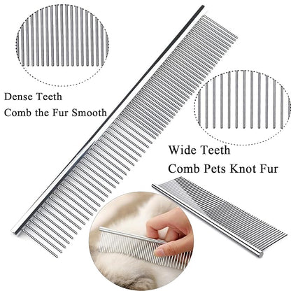 Dog Comb, Metal Dog Grooming Combs with Rounded Ends Stainless Steel Teeth for Grooming Matting Cats Dogs Comb Brush Tool for Long Haired Pets Gently Remove Tangles and Knots