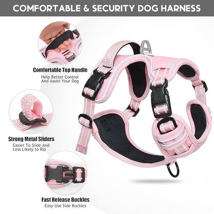 Timos Dog Harness, 3 Snap Buckles No-Pull Soft Padded Dog Vest with 2 Metal Leash Clips, Adjustable Reflective No Choke Pet Harness with Easy Control Handle for Large Dogs,Pale Pink,L