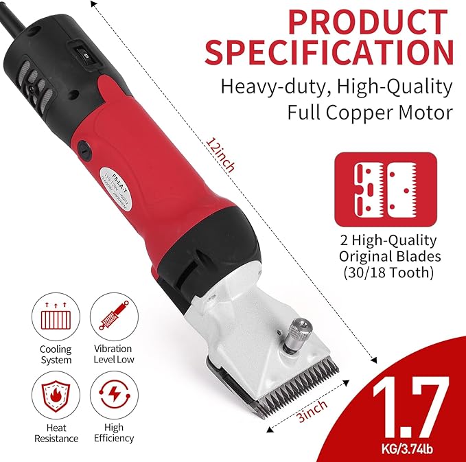DUCKBOY Heavy Duty Clippers for Thick Coats Animals, 600W Professional Electric Shearing Machine for Horse Pony Cattle and Large Dogs Livestocks Grooming, 6 Speed & 2 Detachable Shearing Blades