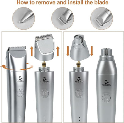 Dog Clippers Grooming Kit Hair Clippers with Nail Grinder Set 4 in 1, Cordless Electric Trimmer- Low Noise Paw Trimmer-USB Rechargeable Quiet Nail Grinder Shaver for Cats and Other Pets （Sliver）