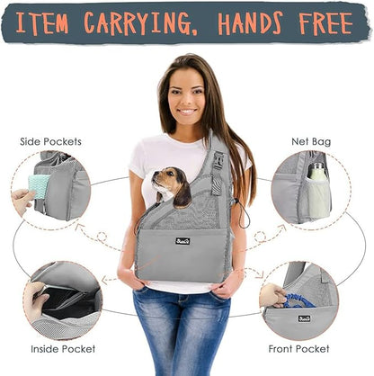 Lukovee Dog Slings for Small Dogs, Hard Bottom Support & Adjustable Soft Padded Shoudler Strap Dog Sling Carrier, Dog Purse with Button Closure & Zipper Pockets (for Pets up to 6 lbs, Grey)