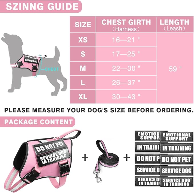 Service Dog Vest Harness and Leash Set+10 Patches,No Pull&Easy Walk Reflective Dog Harness with Soft Padded Handle for Training/Everyday,Fit Small/Medium/Large/Extra-Large Dogs(Pink S)