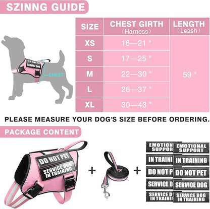 Service Dog Vest Harness and Leash Set+10 Patches,No Pull&Easy Walk Reflective Dog Harness with Soft Padded Handle for Training/Everyday,Fit Small/Medium/Large/Extra-Large Dogs (Pink XL)