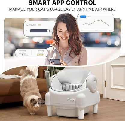Self Cleaning Litter Box,Open Top Automatic Litter Box with App Control for Multiple Cats, Safety Sensors Protection, Odor Control Includes 2 roll Liners,Large Waste Bin, Cream White