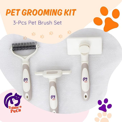 Pet Grooming Kit – 3-Pcs Pet Brush Set with Dematting Tool, Deshedding Brush, Self-Cleaning Slicker Brush – Professional Dog Brushes for Grooming Long-Haired Dogs and Cats