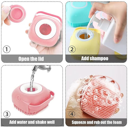 Dog Cat Bath Brush Comb Silicone - Pet Brush for Cats Dogs With Soap Dispenser Grooming Cleaning, Pink