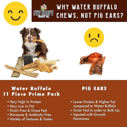 Pet Craft Supply Pure Natural Grass Fed Grain Free Water Buffalo Variety Pack of 11 Durable Tough Dog Chew for Aggressive Chewers and Puppies, Black