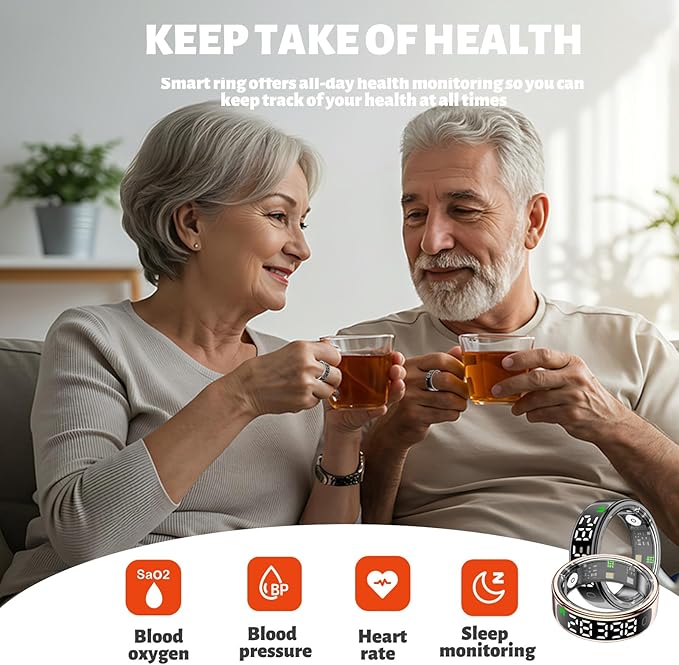 Smart Health Ring for Women Men, Smart Ring Fitness Tracker for iOS Android, Heart Rate, Blood Oxygen, Blood Pressure, Sleep Monitoring,5ATM Waterproof, No Subscription Fee (Gold, 11#)