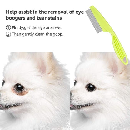 Flea Comb for Cats Dog Comb Lice Comb Metal Teeth Durable Tear Stain Dog Combs Remove Float Hair Combing Tangled Hair Dandruff Pet Comb Grooming Set 3 Pieces Add Storage Pouch (Green)
