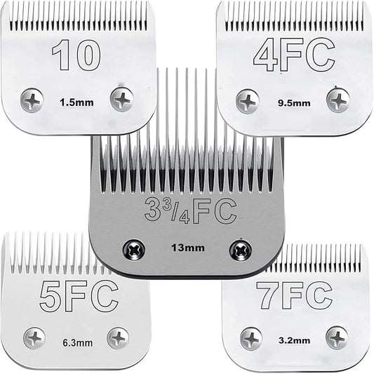 Dog Grooming Clipper Blade Set, Carbon Infused Steel, Ceramic Edge, Compatible with Andis, Wahl, Oster, 5 Sizes