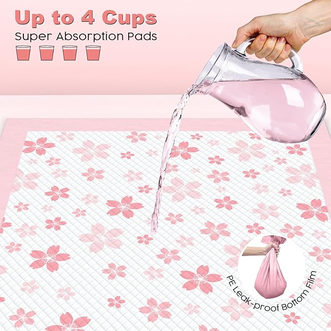 MIZOK Puppy Pads 22"x 22" with Leak-Proof Quick-Dry Design Pee Pads for Dogs Potty Training, 6-Layer Standard Absorbency Dog Pee Pads Regular Size, Pink Cherry Blossom Pattern (100 Counts)