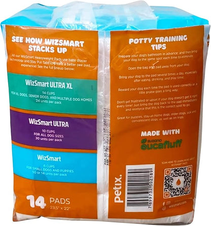 WizSmart Heavyweight Dog Pads – Absorbent, Leak-Proof Pet Training Pads with Stay Put Tabs – Indoor & Outdoor Use for Small Dogs, Crates, Travel – Eco Friendly Upcycled Materials, 14 Count