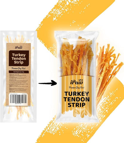iPaw Turkey Tendons for Dogs, 100% Turkey and US Sourced Raw Material, Hypoallergenic, All Natural Human Grade Puppy Chew, Rawhide Alternative Dog Treats, 1 Unit/Pack Strip (Large)
