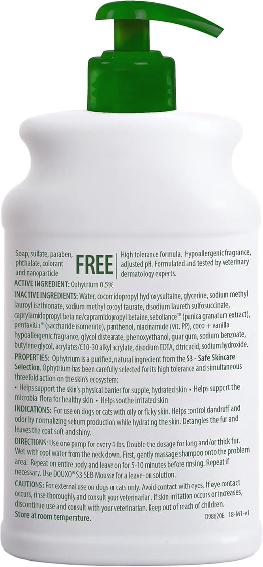 Douxo S3 Seb Shampoo, Contains 0.5% Ophytrium, Odor Control & Seboregulating, For Oily to Flaky Skin, Seborrhea, For Dogs and Cats, 16.9 fl. oz. (500mL)