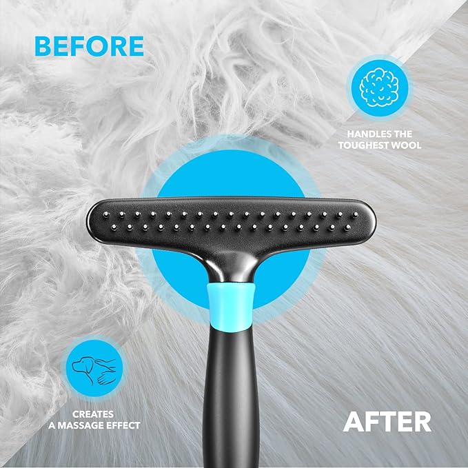 Deshedding Brush - Undercoat Rake for Dogs, Cats, Matted, Short, Long Hair Coats - Double Row Stainless Steel Pins - Reduce Shedding by 90% (Blue)