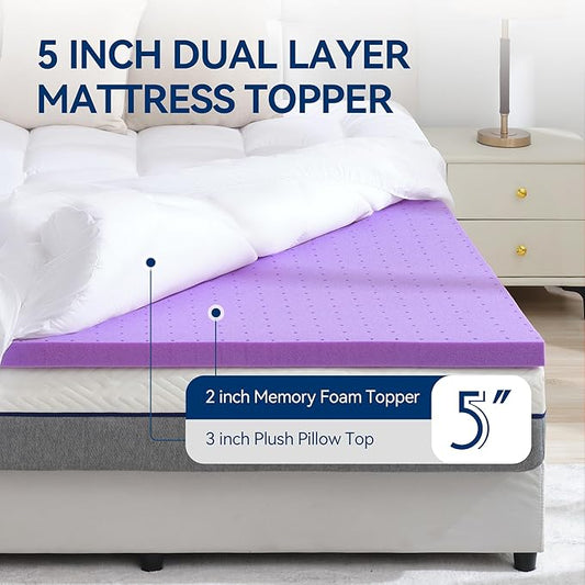 BDEUS Dual Layer 5 Inch Memory Foam Mattress Topper King Size, 2 Inch Gel Memory Foam Plus 3 Inch 1450 GSM Down Alternative Quilted Pillow Top Mattress Pad Cover,White