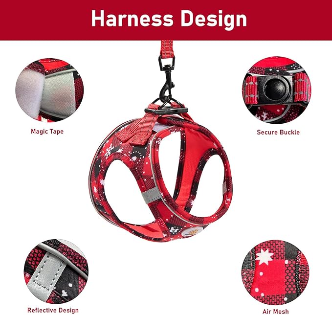 Christmas Dog Harness and Leash Set, No Pull Soft Mesh Puppy Harness for Small Medium Dogs, Cats - Step in Reflective Vest Harness for Walking, Training - Christmas Red, M