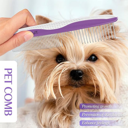 Dog Comb, OneCut Pet Grooming Tool for Removing Tangles Knots and Matted Fur, Wide and Narrow Teeth Comb Design for Dogs and Cats (Purple)