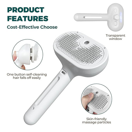 Tiny Hugs 4-in-1 Grooming Tool: Self-Cleaning Brush for Detangling Pet Fur, Steam Feature, and Bath Supplies