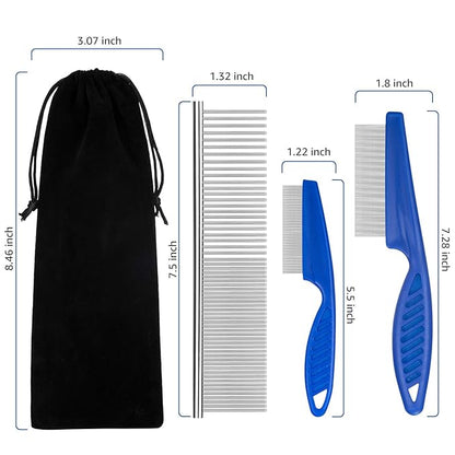 Flea Comb for Cats Dog Comb Lice Comb Metal Teeth Durable Tear Stain Dog Combs Remove Float Hair Combing Tangled Hair Dandruff Pet Comb Grooming Set 3 Pieces Add Storage Pouch (Blue)