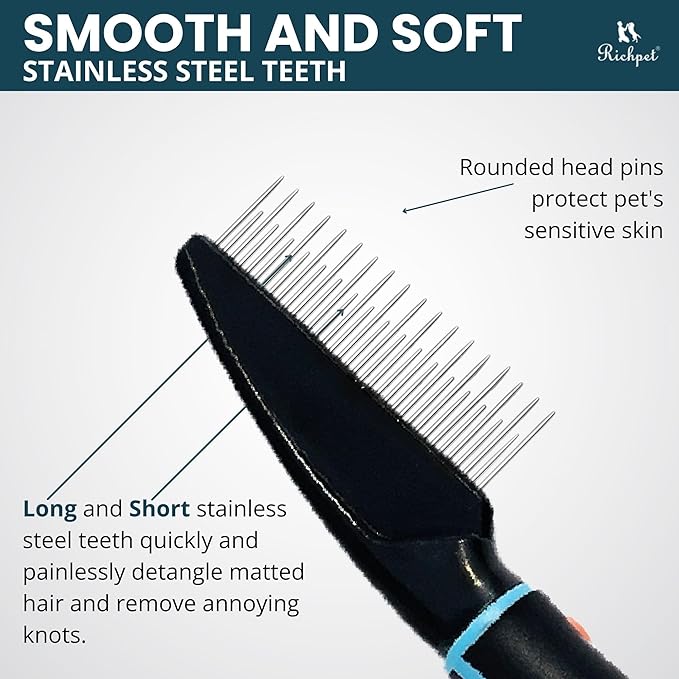 Detangling Pet Comb for Dogs & Cats - Soft On Skin with Stainless Steel Teeth for Removing Matted Fur, Knots & Tangles – Dog Grooming Comb for Long, Short & Curly Hairs
